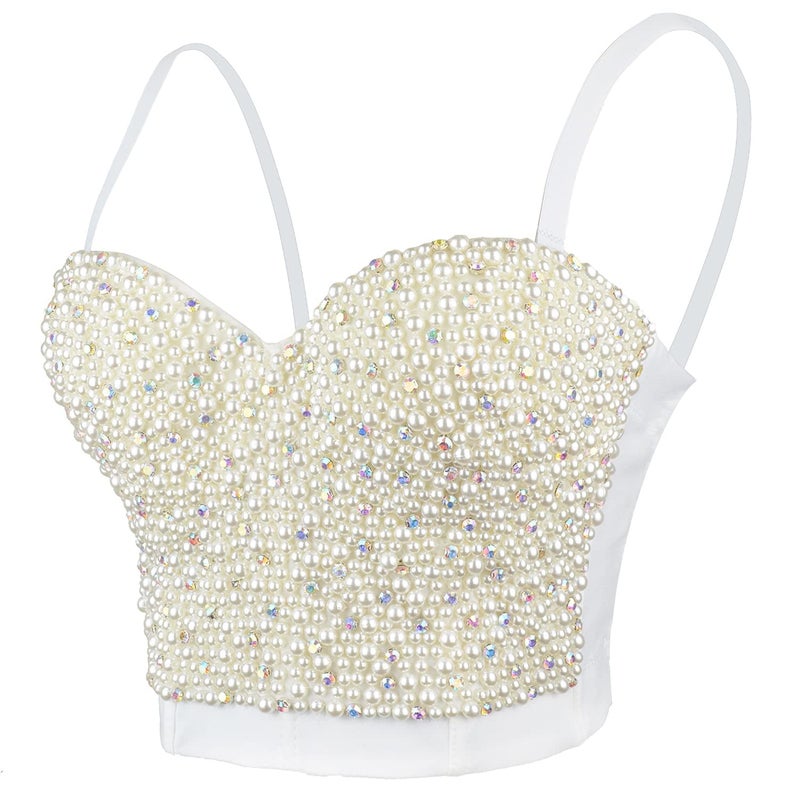 ELLACCI Sexy Pearls Beaded Rhinestone Bustier Crop Top Push up Corset Top with Detachable Straps White Large - Image 1